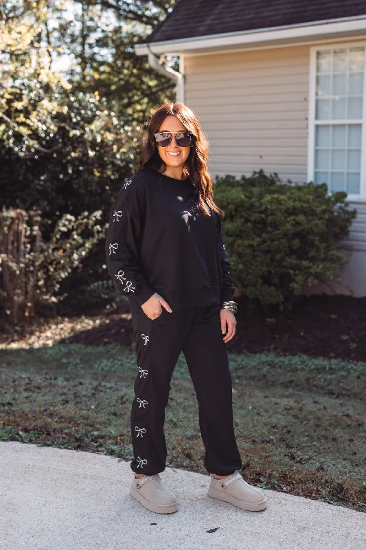 Embroidered Bows Black Knit Joggers