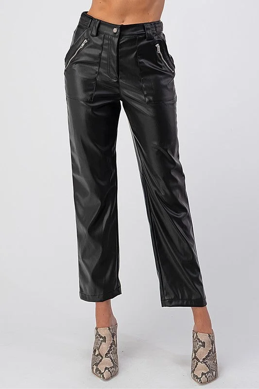 Faux leather pants with zipper pockets