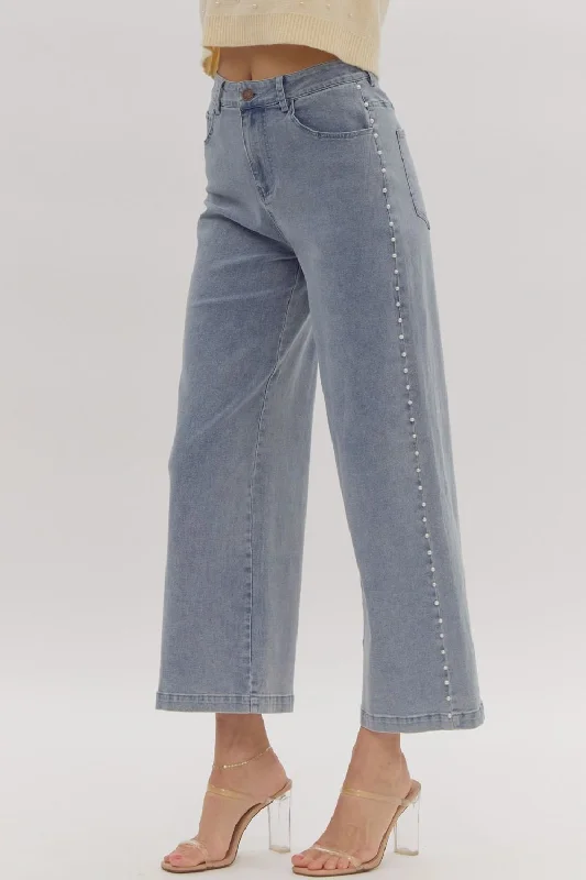 Pearl Trimmed Blue Denim Pants