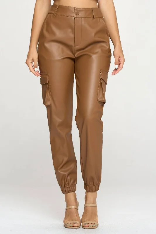 Leather Look Cargo Pants - Camel