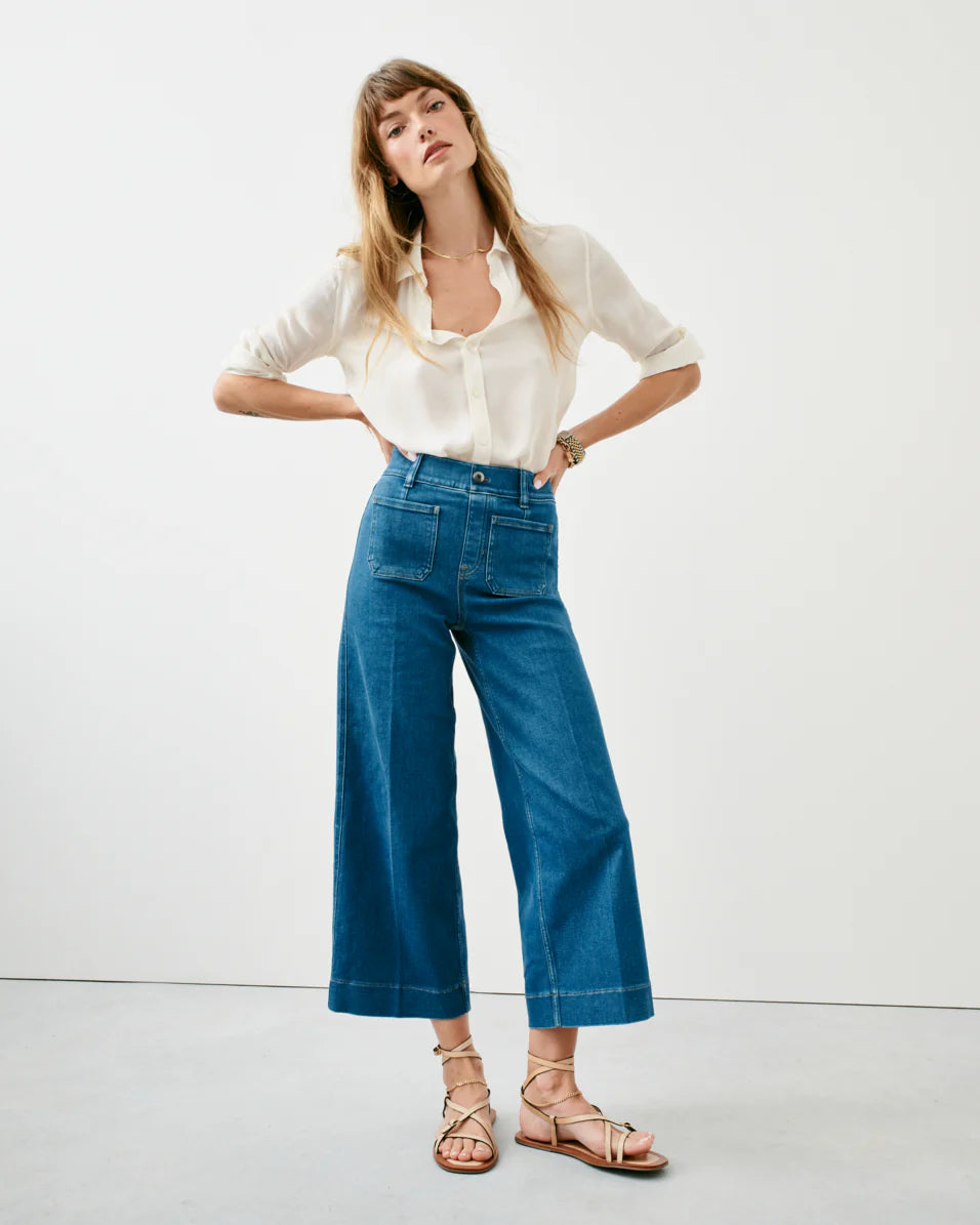 Spanx Washed Blue Cropped Wide Leg Jeans