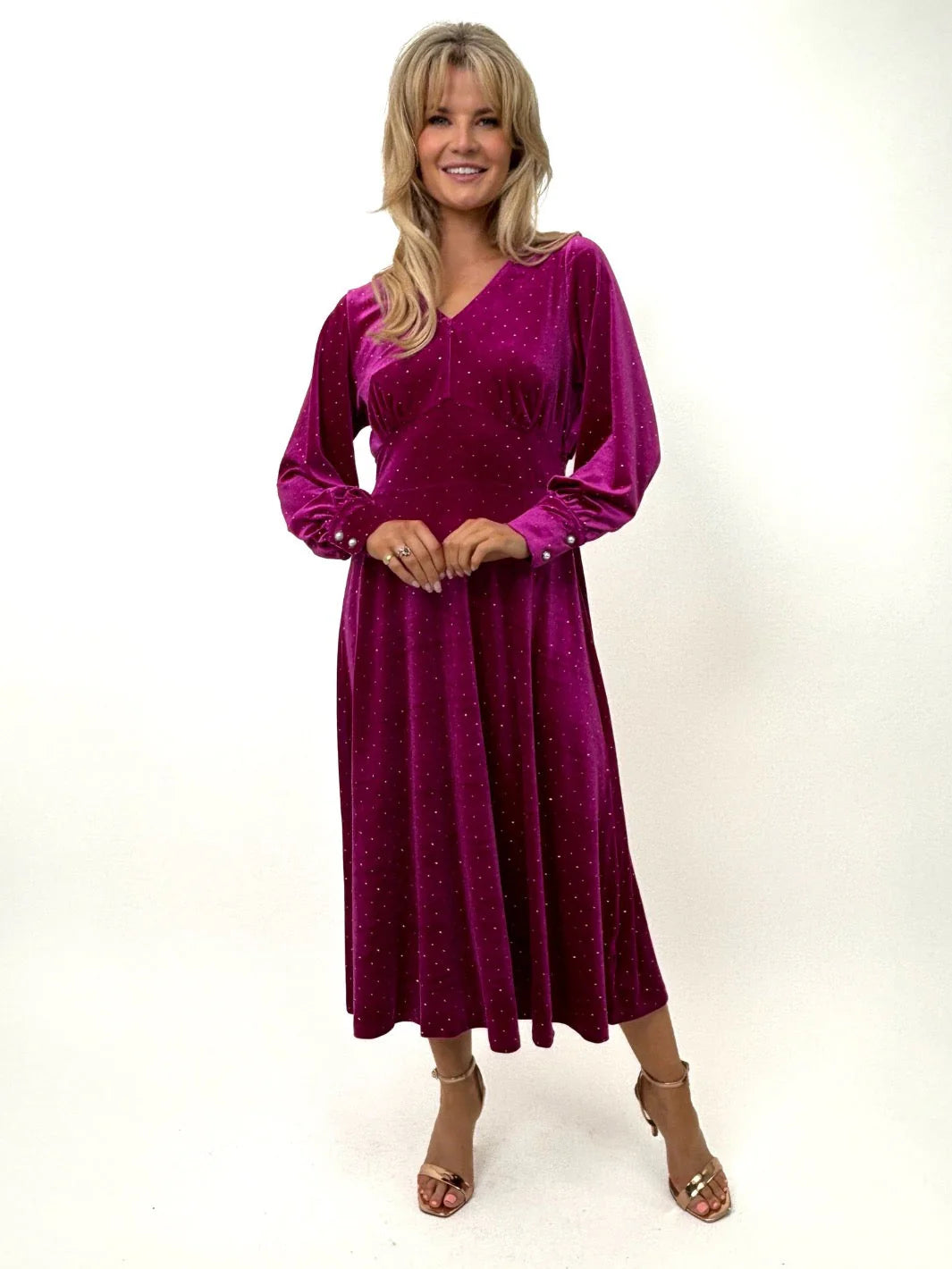 Ellen Velvet Rhinestone Midi Dress (Pink)