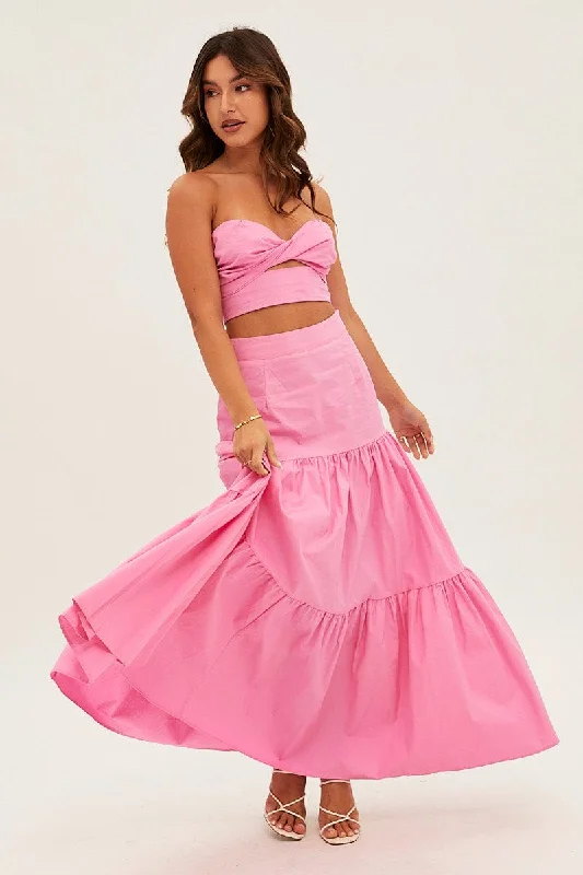 Pink Maxi Skirt High Rise Tiered