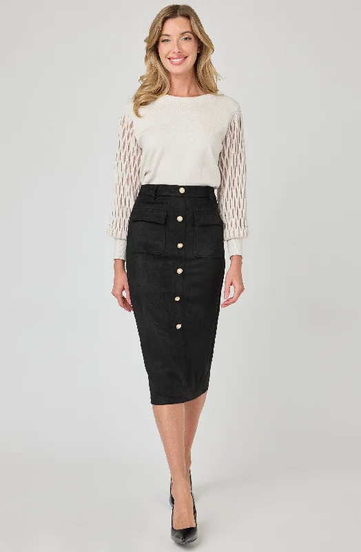 Suede-like Skirt with Pearl Buttons