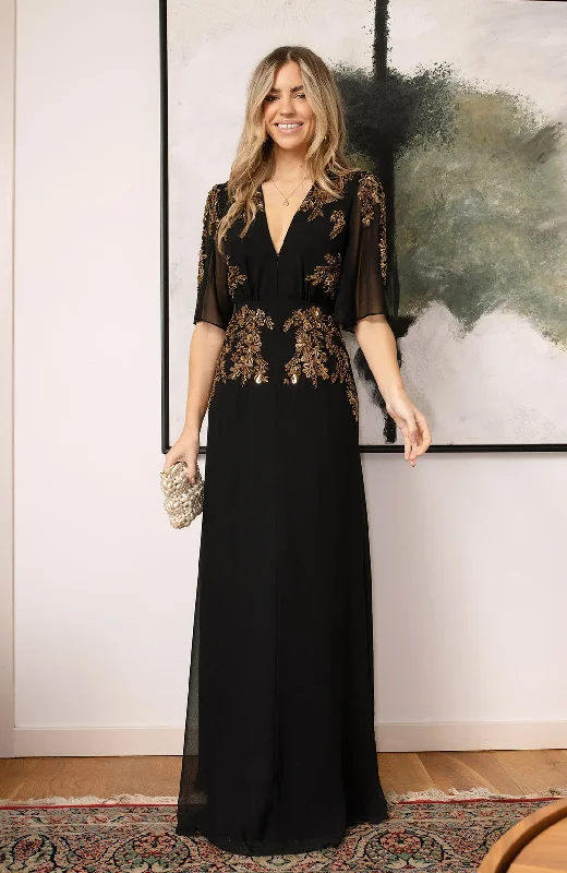 The Shay Plunge Front Embellished Maxi Dress (Black/Gold)