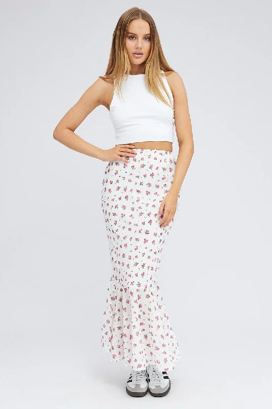 White Floral Maxi Skirt High Waist Fit & Flare Elastic Waist