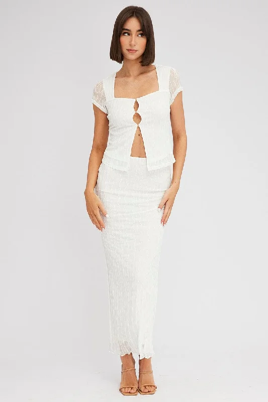 White Maxi Skirt High Rise Bodycon Elastic Waist Lace