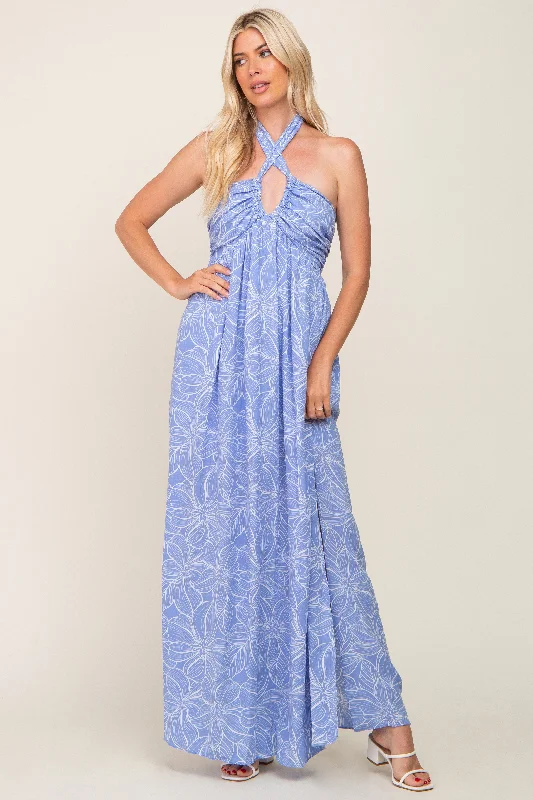 Blue Floral Halter Neck Maxi Dress