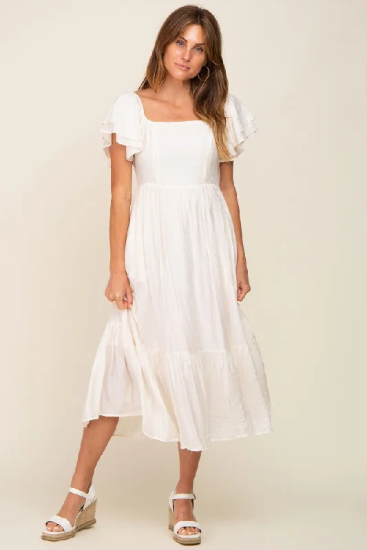 Cream Flutter Sleeve Midi Dress