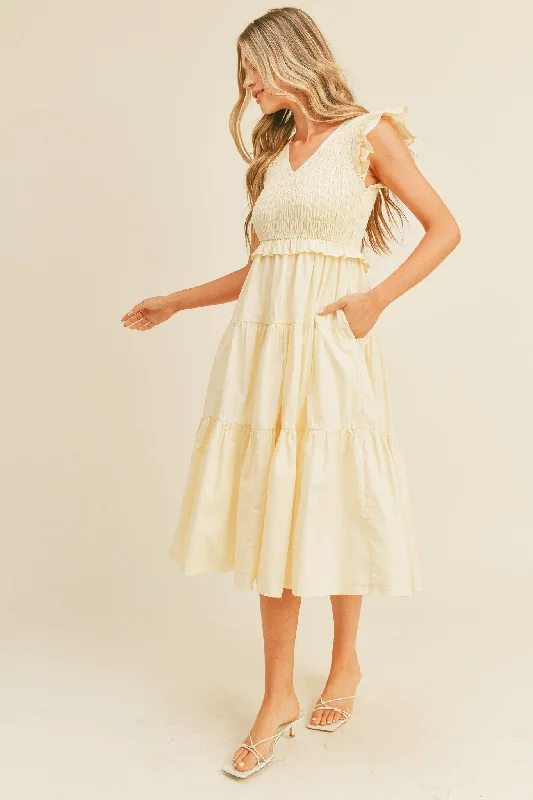 Cream Smocked Flutter Sleeve Tiered Midi Dress