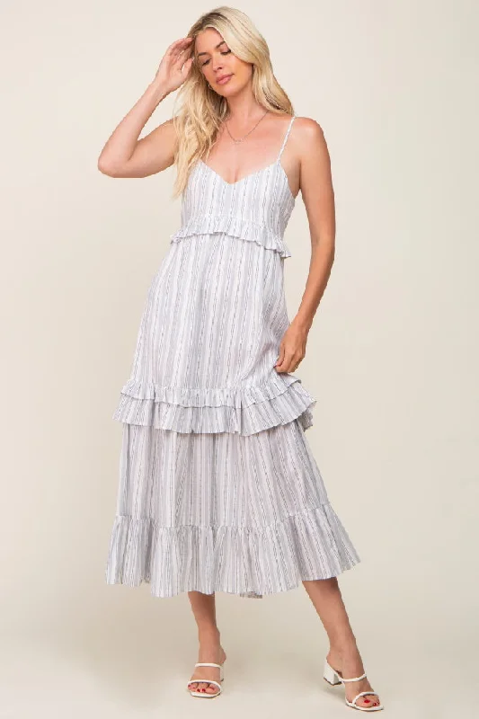 Ivory Striped Ruffle Tiered Midi Dress