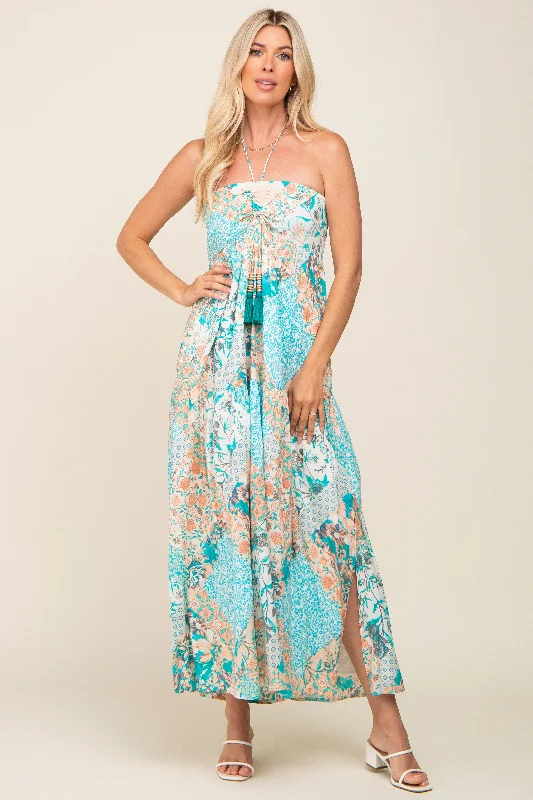 Jade Floral Halter Front Tie Maxi Dress