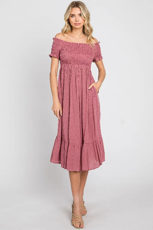 Mauve Off Shoulder Smocked Midi Dress