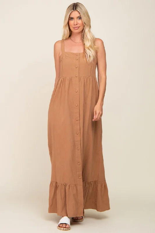 Mocha Front Button Sleeveless Maxi Dress