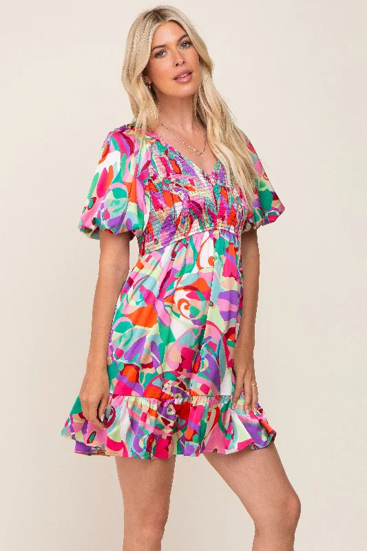 Multi-Color Satin Smocked V-Neck Dress