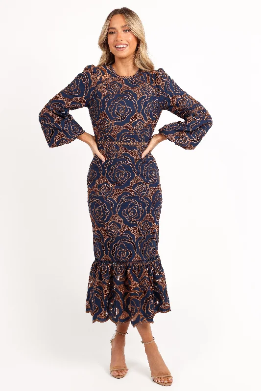 Pierre Long Sleeve Lace Maxi Dress - Navy