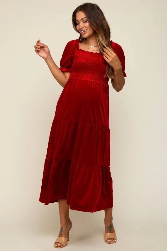 Red Velvet Tiered Maternity Midi Dress