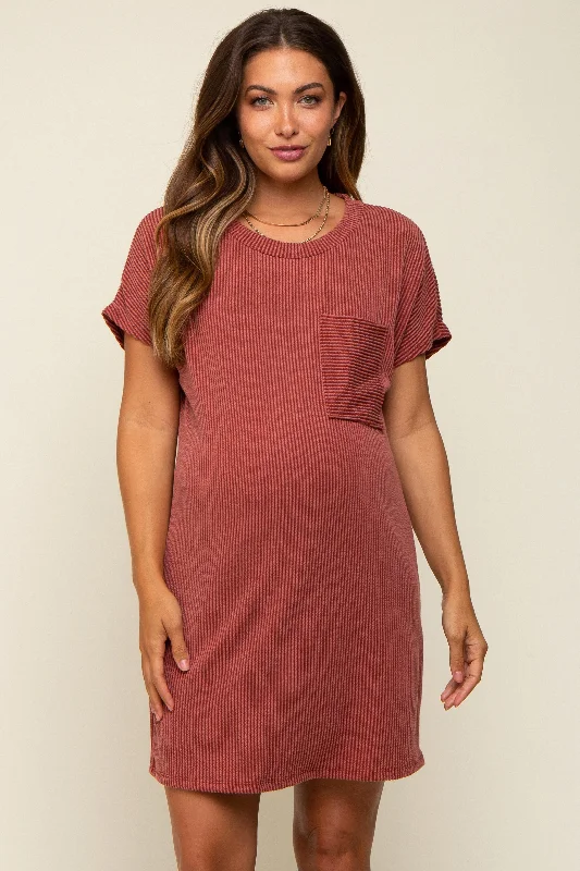 Rust Ribbed Front Pocket Dolman Short Sleeve Maternity Dress