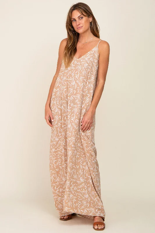 Taupe Leaf Print Double V-Neck Maxi Dress