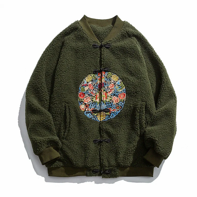 Floral Circle Embroidery Thick Camo Fleece Unisex Chinese Style Jacket