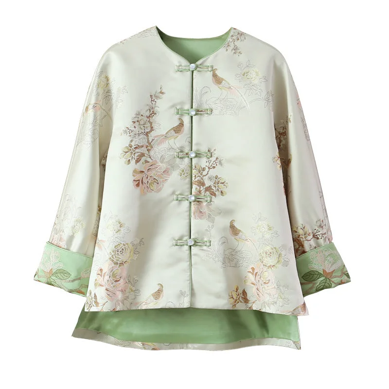 Loose Round Neck Floral Jacquard Long Sleeve Women's Tang Suit