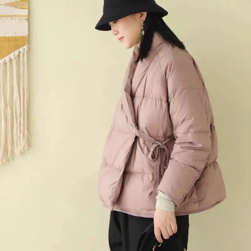 Retro Zen Style V Neck Women's Down Coat with Lacing