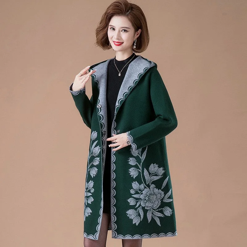 Women's Lapel Collar V Neck Floral Wool Knit Coat