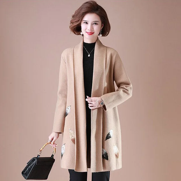 Women's Open Front Oriental Floral Wool Knit Coat