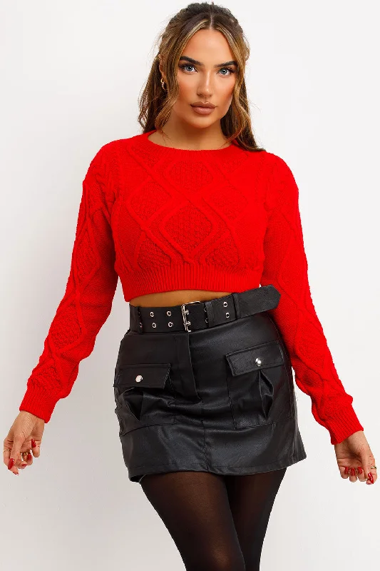 Cable Knit Jumper Cropped Red