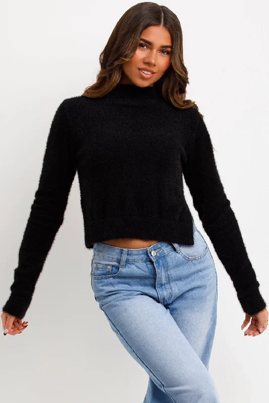 Fluffy Crop Jumper With Side Cut Black