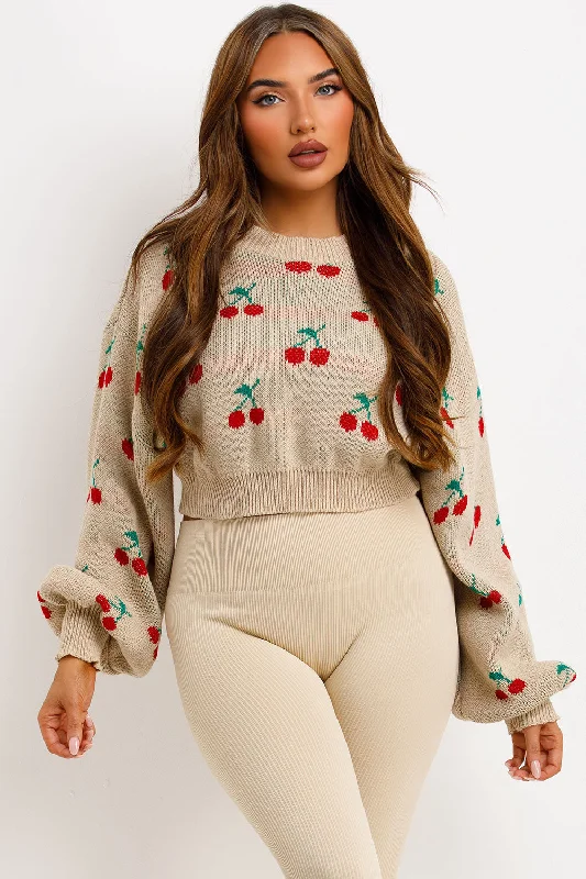 Knitted Jumper With Cherry Detail Cropped Beige