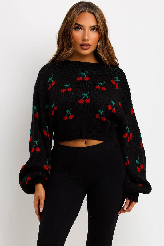 Knitted Jumper With Cherry Detail Cropped Black