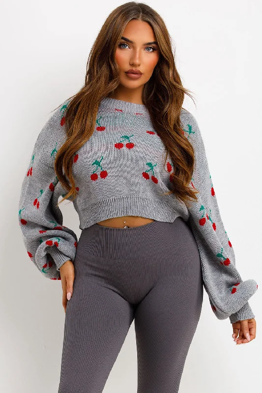 Knitted Jumper With Cherry Detail Cropped Grey