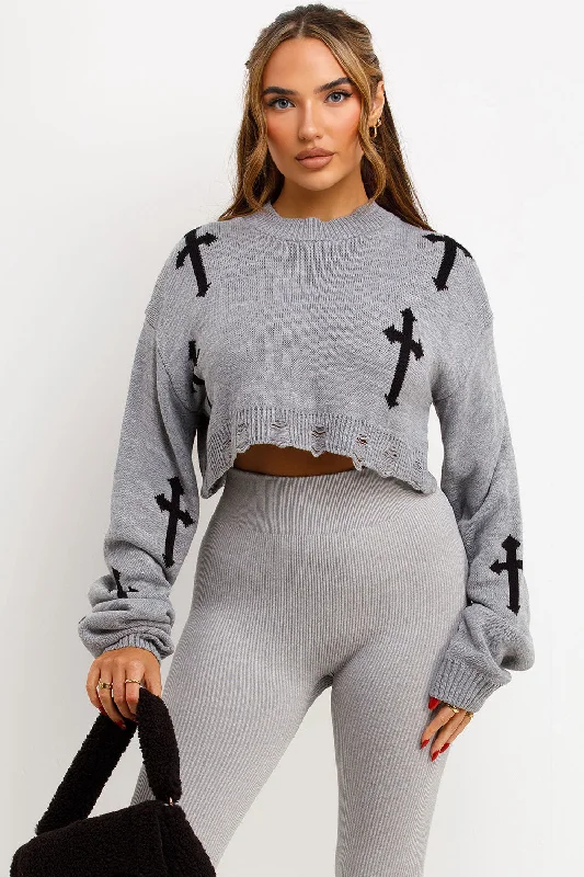 Knitted Jumper With Crosses Cropped Grey