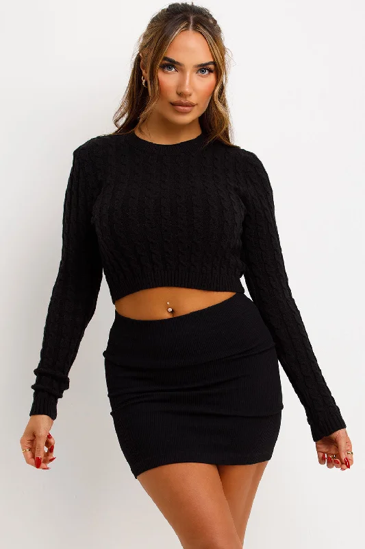 Long Sleeve Crop Jumper Cable Knit Black