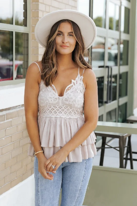 Light Taupe Lace Detail Tank Top - FINAL SALE